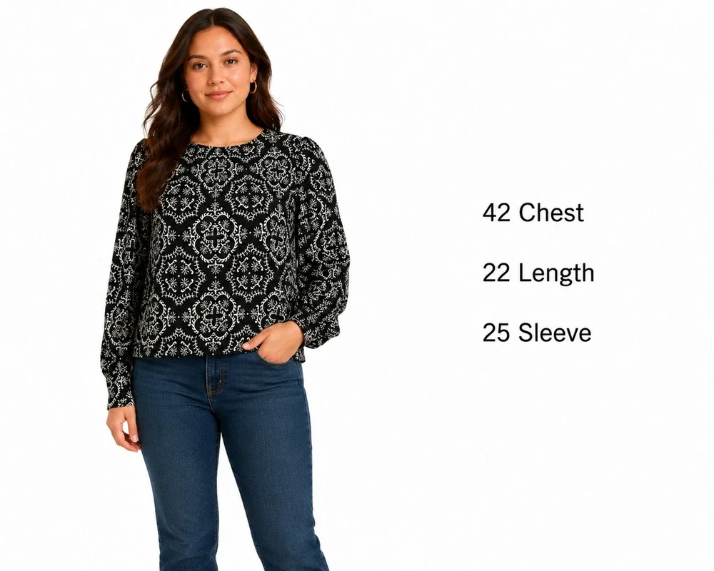 Ann Taylor Loft Black White Print Puff Long Sleeve Lightweight Top Shirt sz M